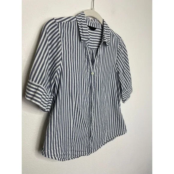 J.Crew XS Chambray Stripe Button Up Shirt Short Sleeve V-Neck Cotton Classicore - Picture 6 of 15